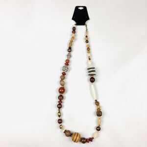 Beaded Necklace Gold Tone Brown Tan Beige Green and Wood Beads Fall Autumn Earth